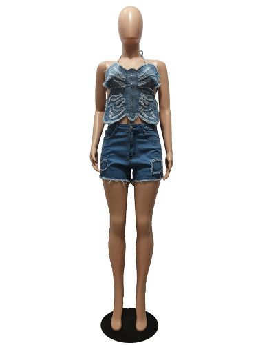Denim Hot Diamond Butterfly Strap Wash Water Irregular Set