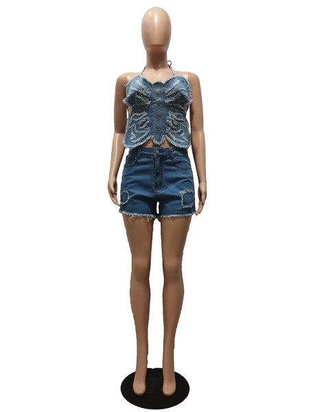 Denim Hot Diamond Butterfly Strap Wash Water Irregular Set
