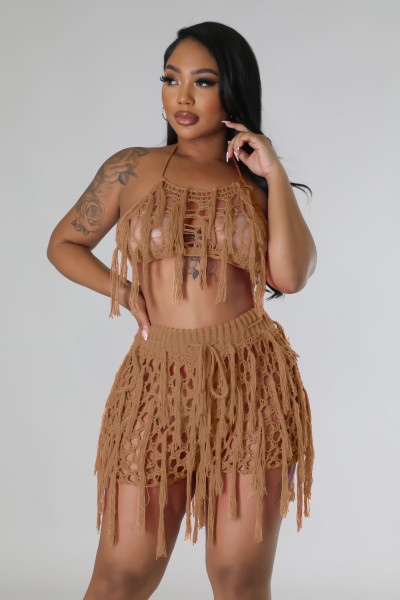 Sexy Perspective Knitted Hand Hook Tassel Beach Shorts Set