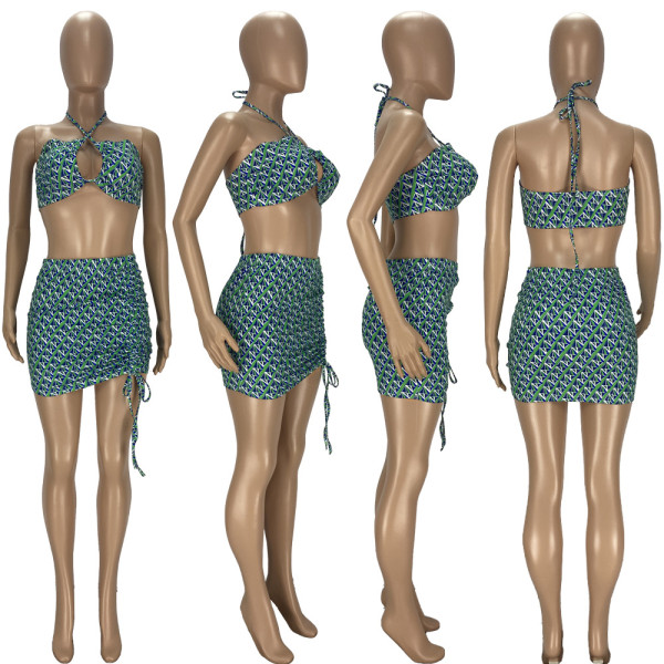 Fashion women's printed drawstring sexy two-piece dress set