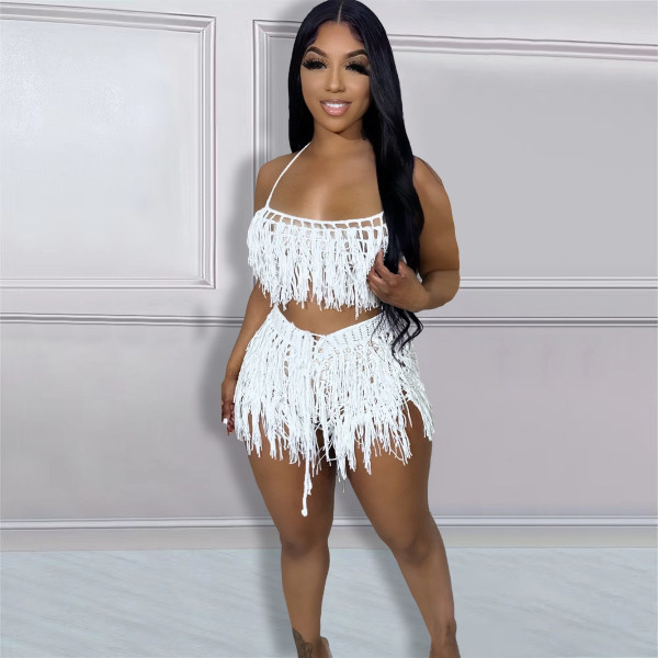 Sexy Perspective Knitted Hand Hook Tassel Beach Shorts Set NY8141