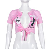 Sexy adhesive hollow short sleeved tie up T-shirt top