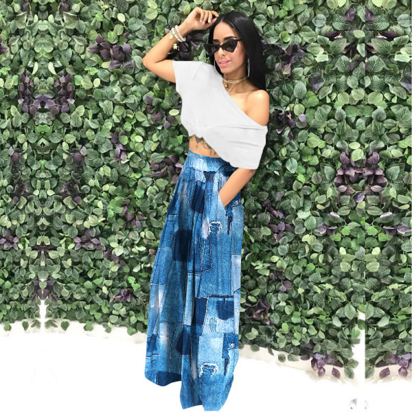 Casual wide leg pants with high waist printed pants