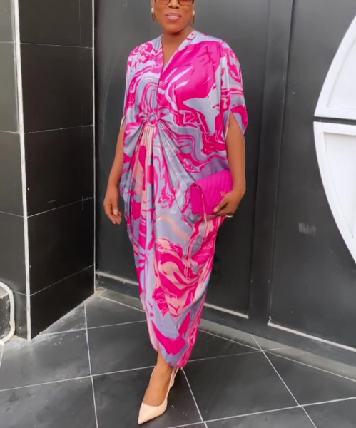 Women's printed wide satin loose fitting short sleeved dress
