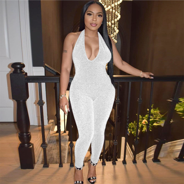Fashionable and Sexy Silver Silk Elastic Sleeveless Hanging Neck jumpsuit