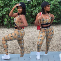 Fashion Plaid Print Set Sexy Tank Top Pants Two Piece Set