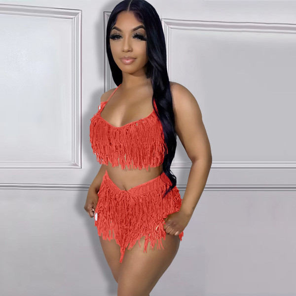 Sexy Perspective Knitted Hand Hook Tassel Beach Shorts Set NY8141