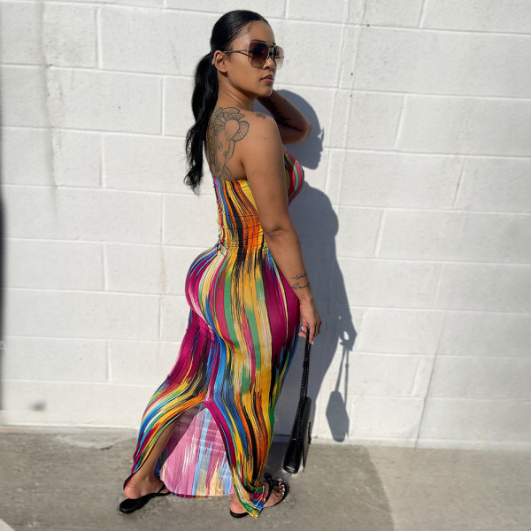 Sexy Off Shoulder Bra Stripe Printed Split Dress