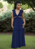 Women's wooden ear edge V-neck solid color dress