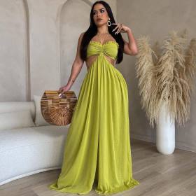 Sexy Chiffon Wrapped Chest Naked Back Wide Feet Jumpsuit