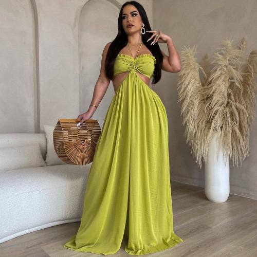 Sexy Chiffon Wrapped Chest Naked Back Wide Feet Jumpsuit