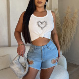 Sleeveless Love Rhinestone Tank Top with High Elasticity and Sexy Umbilical Top