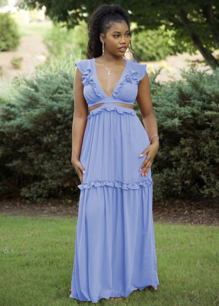 Women's wooden ear edge V-neck solid color dress