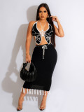 Sexy Women's Handmade Hooked Butterfly Top Knitted Tassel Skirt Fashion Set