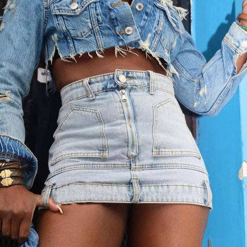 Women's double waisted denim skirt with zipper, washed and worn half skirt