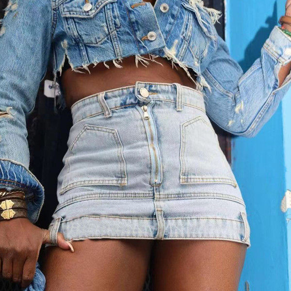 Women's double waisted denim skirt with zipper, washed and worn half skirt