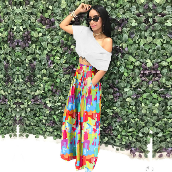 Casual wide leg pants with high waist printed pants