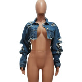Women's summer irregular denim hole washing casual jacket