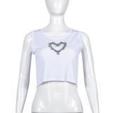 Sleeveless Love Rhinestone Tank Top with High Elasticity and Sexy Umbilical Top