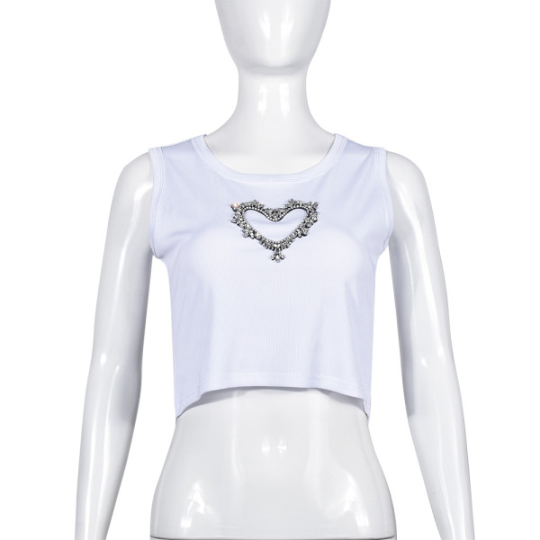 Sleeveless Love Rhinestone Tank Top with High Elasticity and Sexy Umbilical Top