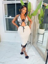 Sexy Women's Handmade Hooked Butterfly Top Knitted Tassel Skirt Fashion Set