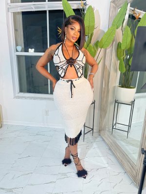 Sexy Women's Handmade Hooked Butterfly Top Knitted Tassel Skirt Fashion Set