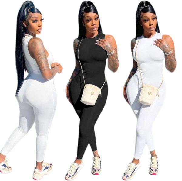 Sports Tank Top Jumpsuit Solid Color Pants