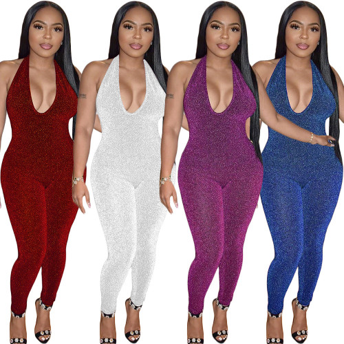 Fashionable and Sexy Silver Silk Elastic Sleeveless Hanging Neck jumpsuit