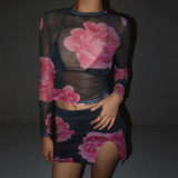 Two Piece Sexy Mesh Long Sleeve Top Slim Fit Short Split Printed Skirt Set