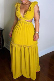 Women's wooden ear edge V-neck solid color dress