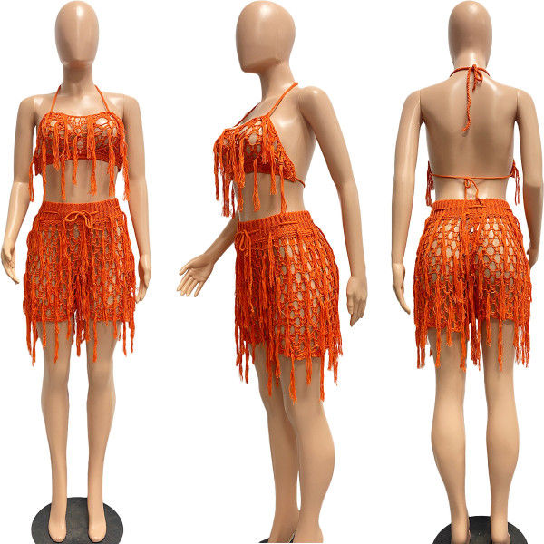 Sexy Perspective Knitted Hand Hook Tassel Beach Shorts Set NY8141