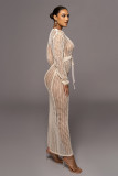 Women's sexy hollow out wool woven deep V-neck high slit knitted long skirt