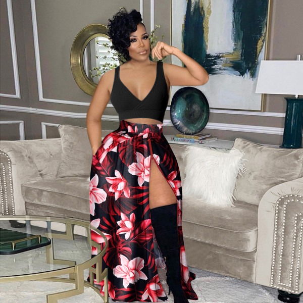 Women's casual printed zipper split elastic waist skirt with multiple colors