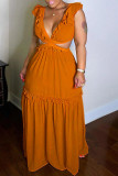 Women's wooden ear edge V-neck solid color dress