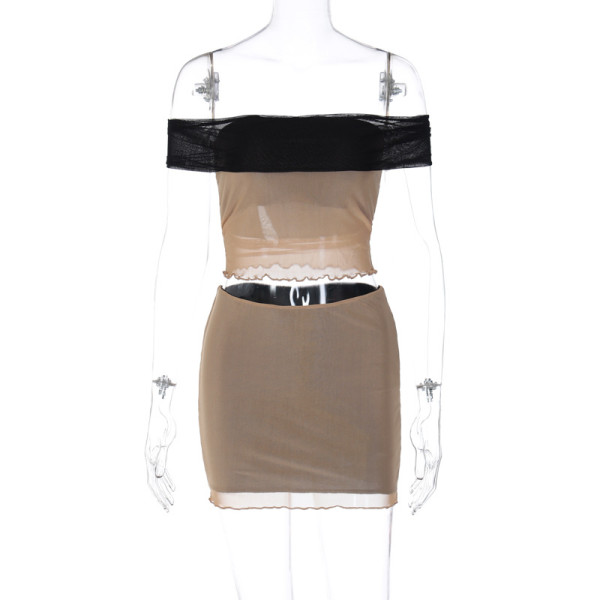 Sexy patchwork mesh one line shoulder sleeve shoulder top short group ruffled edge women's clothing