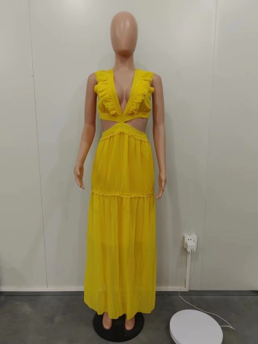 Women's wooden ear edge V-neck solid color dress