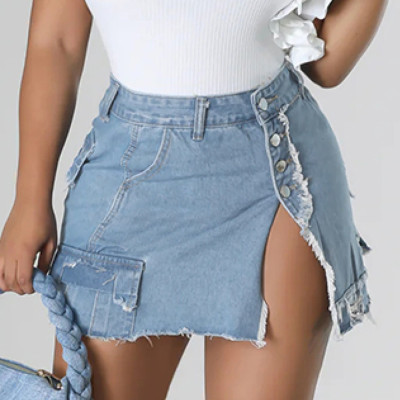 Personalized denim wash pocket split tassel skirt