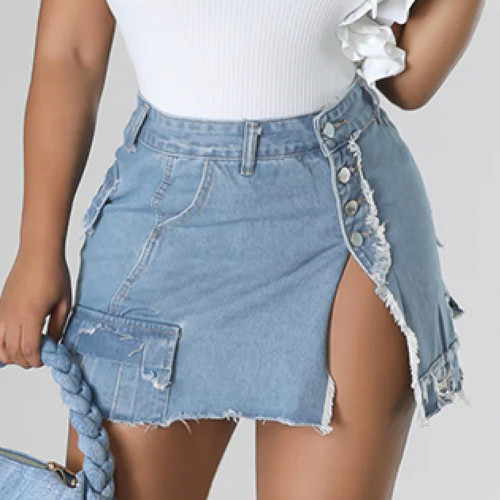 Personalized denim wash pocket split tassel skirt