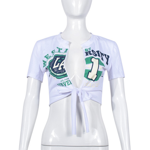 Sexy adhesive hollow short sleeved tie up T-shirt top