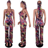 Sleeveless suspender with painted print backless long jumpsuit with headscarf