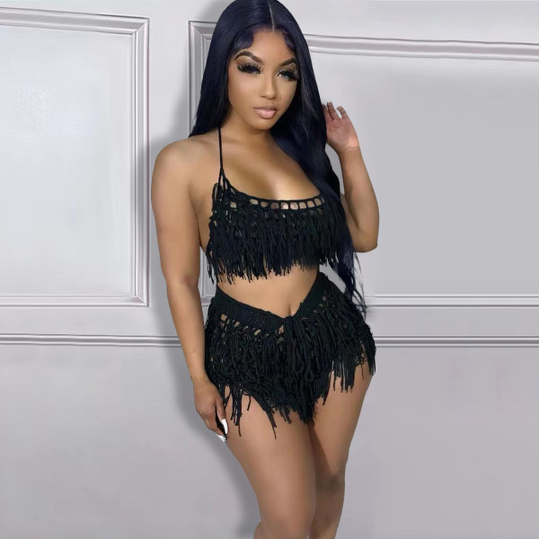 Sexy Perspective Knitted Hand Hook Tassel Beach Shorts Set NY8141