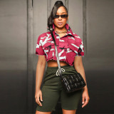 Women's long casual fashion camouflage printed large pocket lapel short sleeved jacket