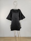 Women's pleated lantern sleeve doll dress for banquet fashion solid color temperament dress