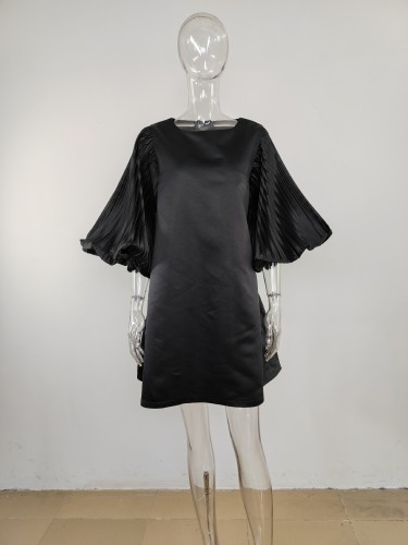 Women's pleated lantern sleeve doll dress for banquet fashion solid color temperament dress