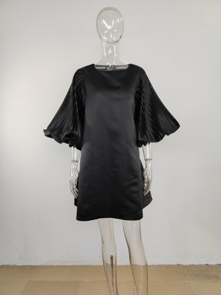 Women's pleated lantern sleeve doll dress for banquet fashion solid color temperament dress