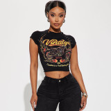 Printed Pin Open Neck T-shirt Top