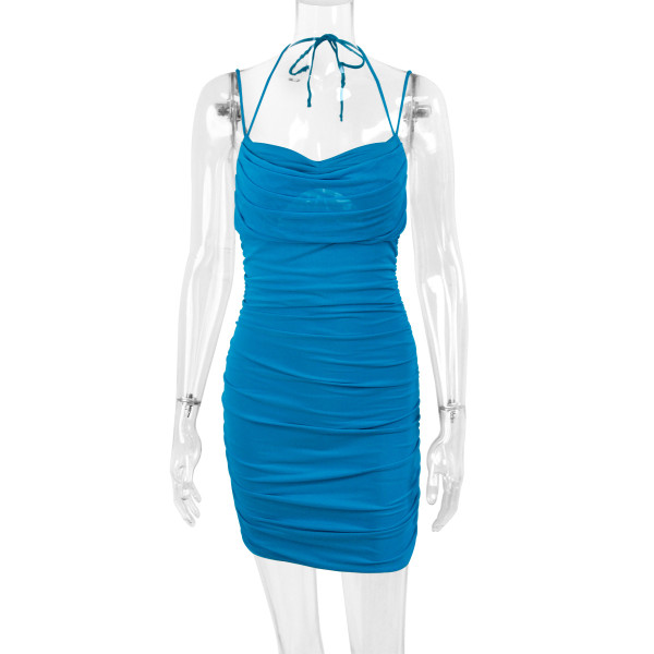Sexy V-neck strap short skirt pleated lace up neck hanging dress
