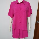 Fashion Casual Set Solid Classic Single breasted One Sleeve Shirt Elastic Waist Shorts Two Piece Set