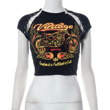 Printed Pin Open Neck T-shirt Top