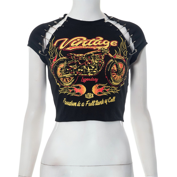 Printed Pin Open Neck T-shirt Top